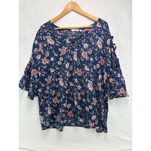 Women's Plus Size 2X Tempted Los Angeles Tunic Top Blue Floral Peekaboo Sleeves